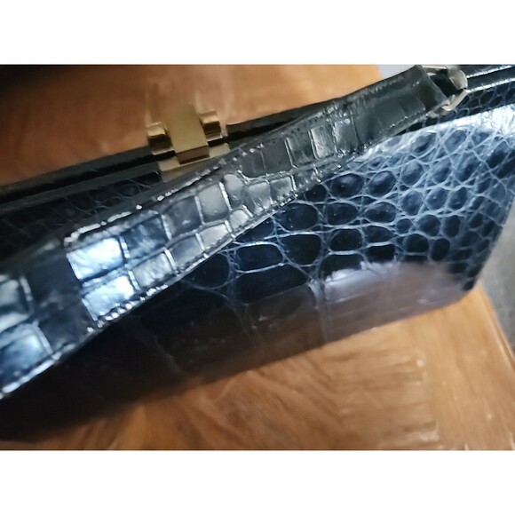 Black Escort Genuine Leather Inside Structured Frame Handbag Purse Alligator Fon - Picture 12 of 16